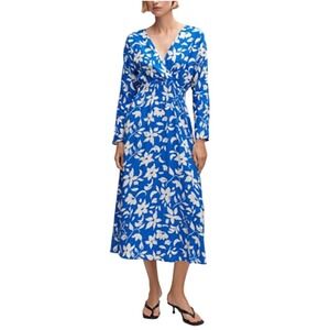 MNG Blue/Ivory Floral V-Neck Smocked Waist Midi Dress Size M